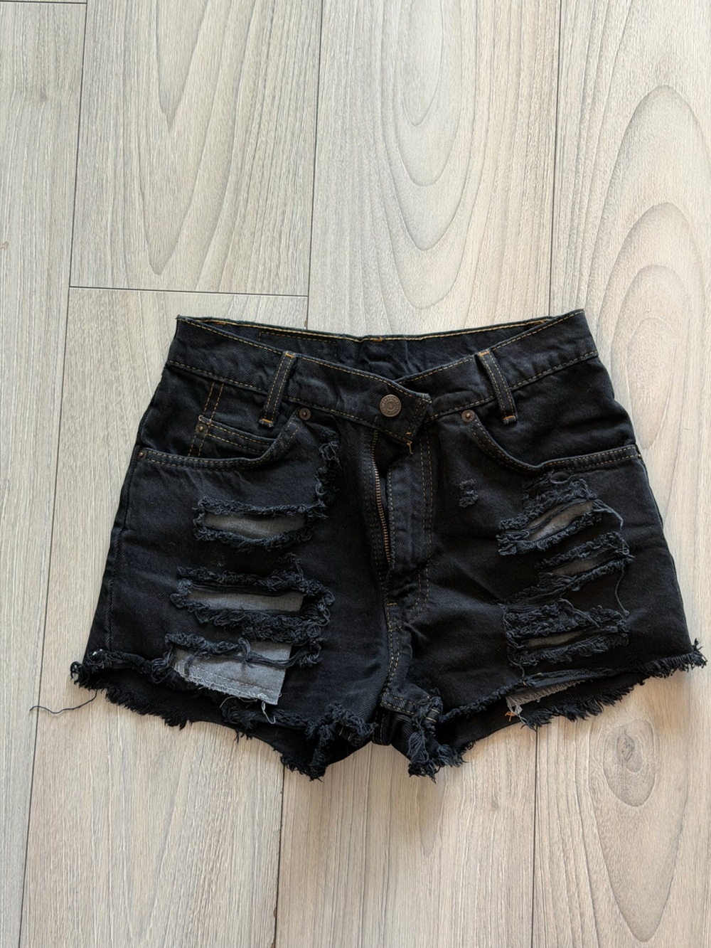 Black Distressed Women’s Denim Shorts - vintage reworked levis from Aritzia